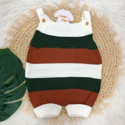 Jardineira Curta de Linha - Bolsinho e Listras Grossas Ferrugem e Verde Militar